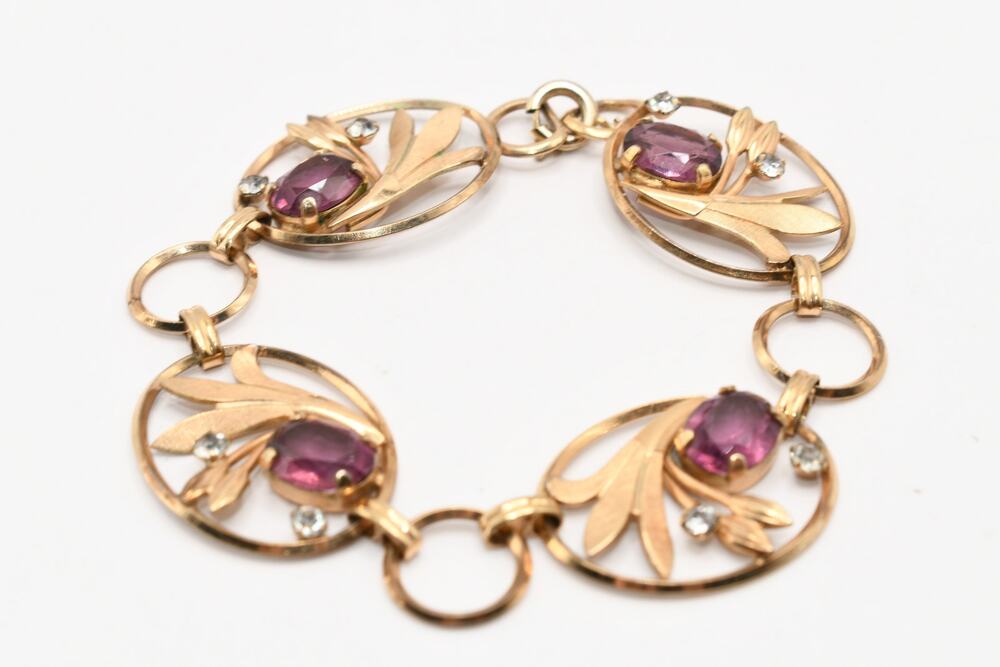 Vintage Purple Rhinestone Link Bracelet Gold Tone Floral 7.25 Inch